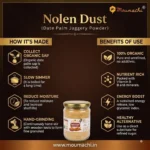 Infographic explaining how Moumachi Nolen Dust Date Palm Jaggery Powder is made and its health benefits
