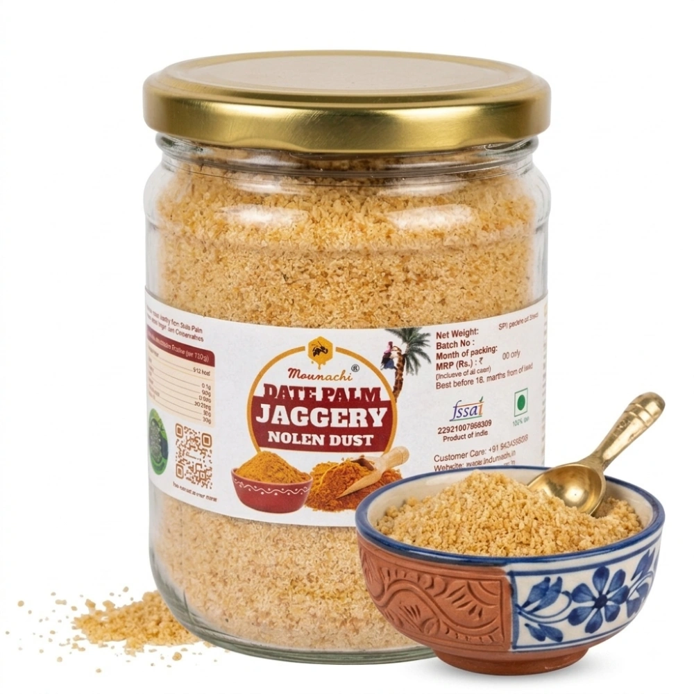 Moumachi Date Palm Jaggery Nolen Dust jar with a small decorative bowl and brass scoop