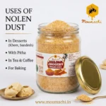 Moumachi Date Palm Jaggery Nolen Dust jar displaying uses in desserts, tea, coffee, and baking.