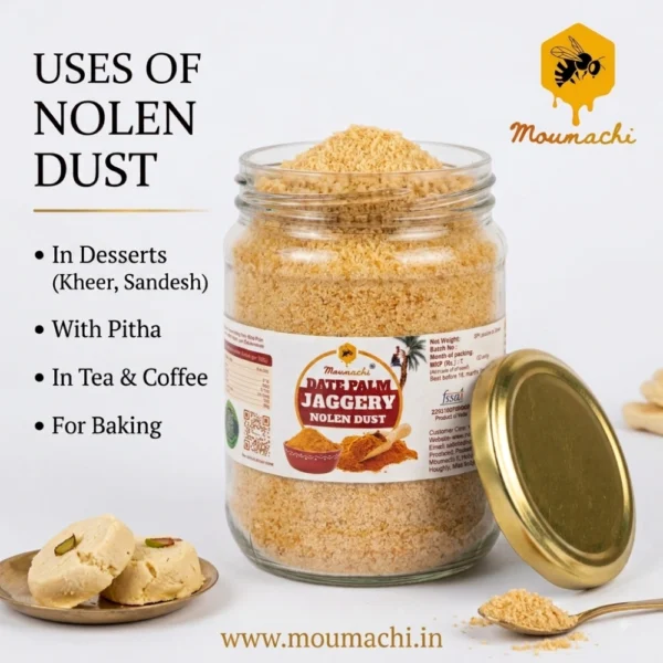 Moumachi Date Palm Jaggery Nolen Dust jar displaying uses in desserts, tea, coffee, and baking.