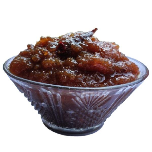 Moumachi Chalta Tok Jhal Mishti chutney in a decorative glass bowl